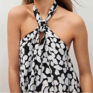 Black White Petal Print Halter Maxi Dress